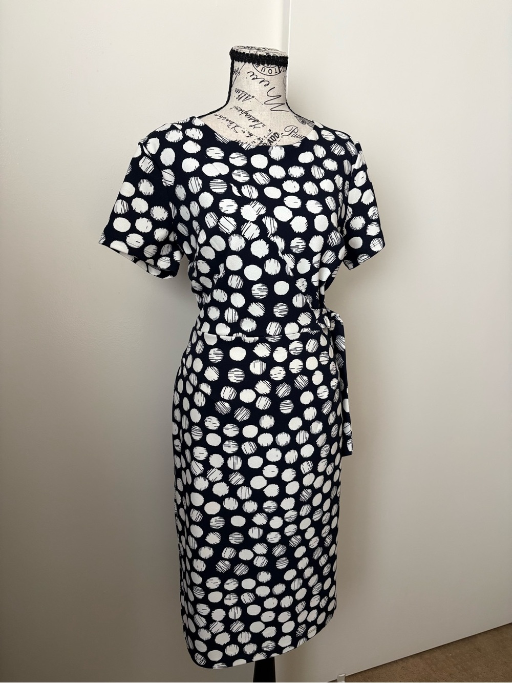 Enfocus Studio Navy & White Polka Dot Tie-Waist Midi Dress
